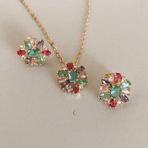 CONJ FO FLOR COLORIDO GOTA ZIRC CORR CADEADO 45CM + ALONG