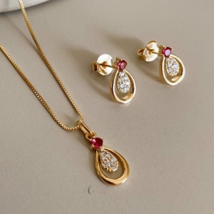 CONJ FO GOTA LISA VAZ CRAVEJ ZIRC ROSA CORR 40CM + ALONG