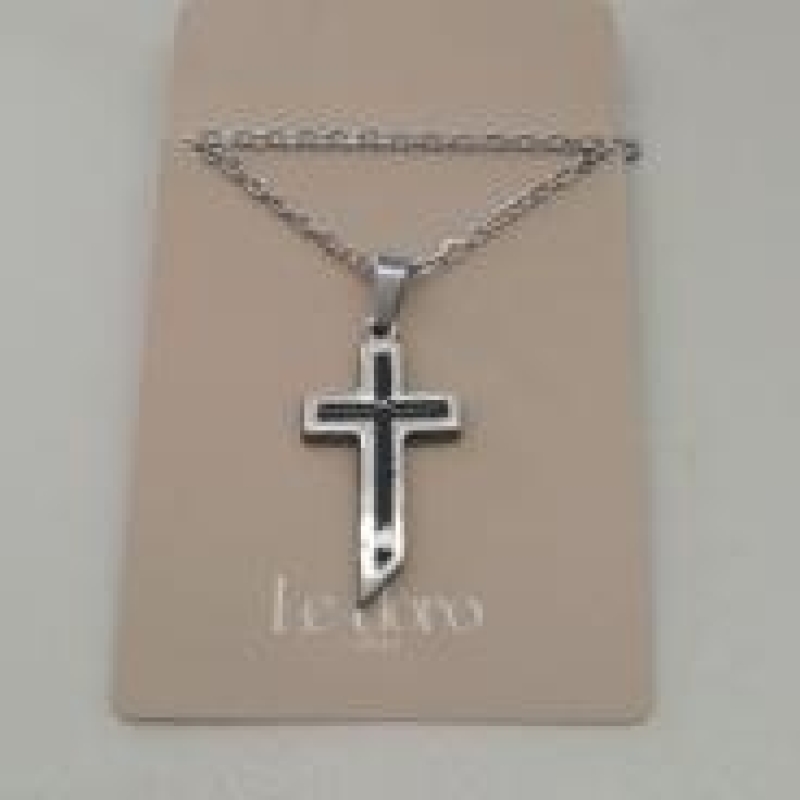 COLAR AÇO CRUZ TIRA PRETA NO MEIO 16MM CORR CADEADO