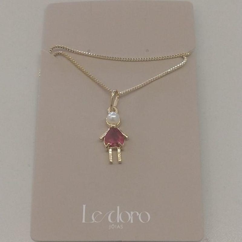 COLAR FO MENINA PEROLA ZIRC CORA VERMELHO  17MM