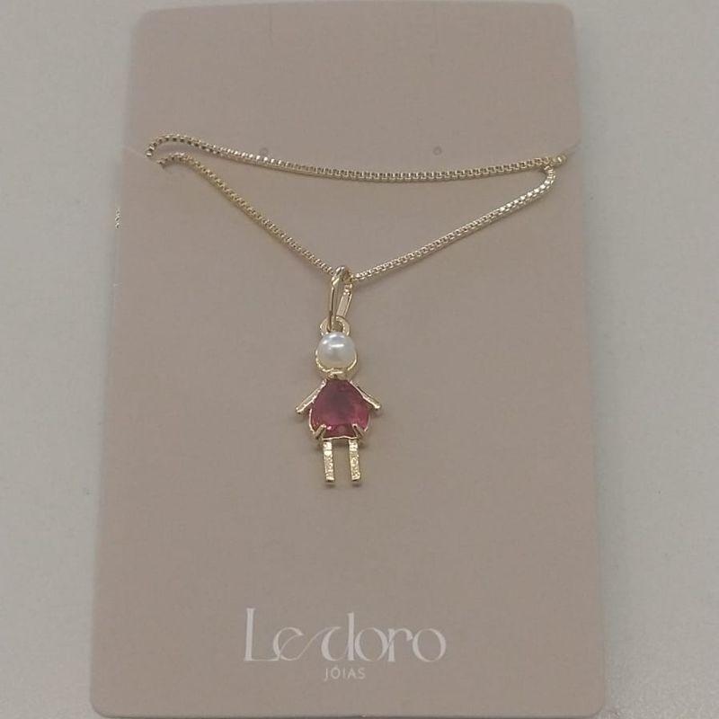 COLAR FO MENINA PEROLA ZIRC CORA VERMELHO  17MM