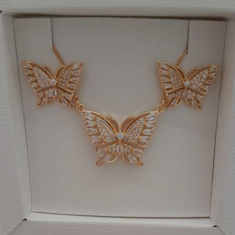 CONJ FO BORBOLETA CRAVEJ BAGUETE CRISTAL