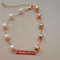 PULSEIRA FO 5 PEROLAS 5 BOLA LISA  PLACA TEMOR A DEUS 19CM+ALONG